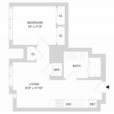 Floor plan for 1 bed, 1 bath, 503 sqft