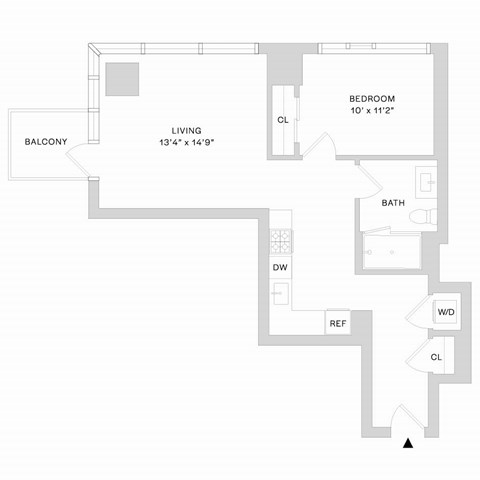 Floor plan for 1 bed, 1 bath, 648 sqft