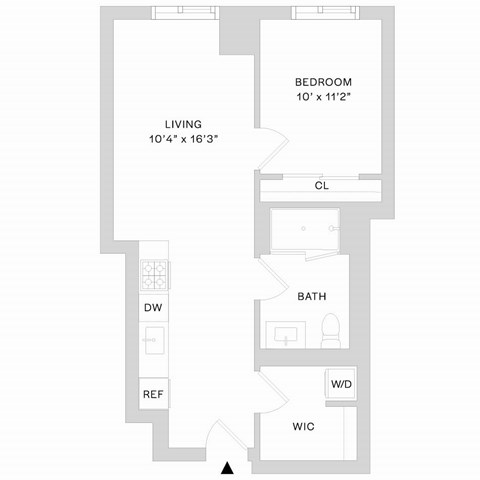 Floor plan for 1 bed, 1 bath, 591 sqft