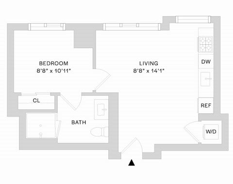 Floor plan for 1 bed, 1 bath, 480 sqft