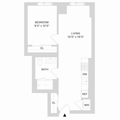 Floor plan for 1 bed, 1 bath, 601 sqft