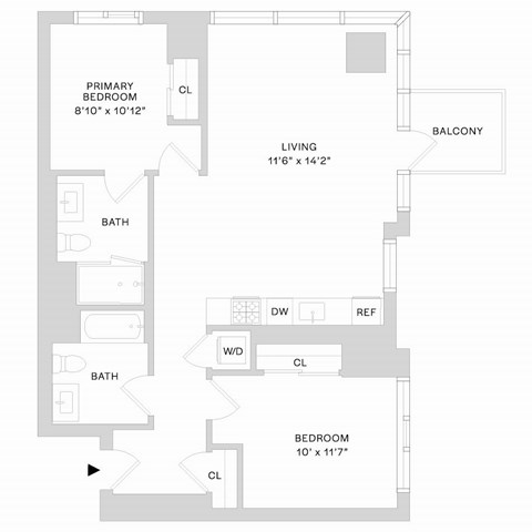 Floor plan for 2 beds, 2 baths, 931 sqft
