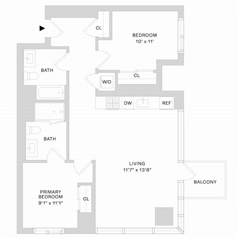 Floor plan for 2 beds, 2 baths, 934 sqft
