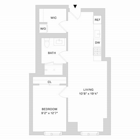 Floor plan for 1 bed, 1 bath, 647 sqft