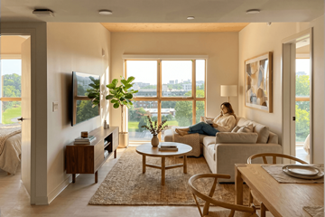 Charlotte apartment for rent - A woman is sitting on a couch in a living room with a view of the city.