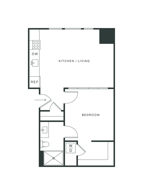 Floor plan for 1 bed, 1 bath, 509 sqft