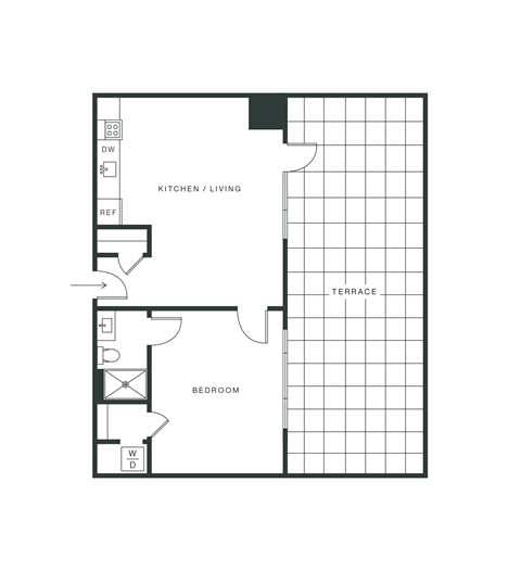 Floor plan for 1 bed, 1 bath, 675 sqft