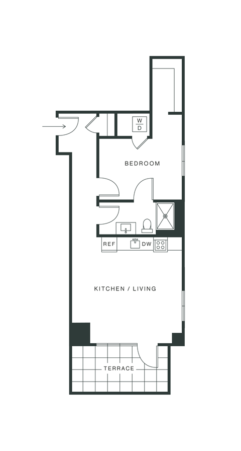 Floor plan for 1 bed, 1 bath, 687 sqft