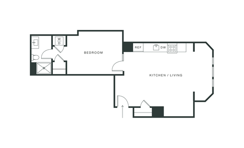 Floor plan for 1 bed, 1 bath, 690 sqft