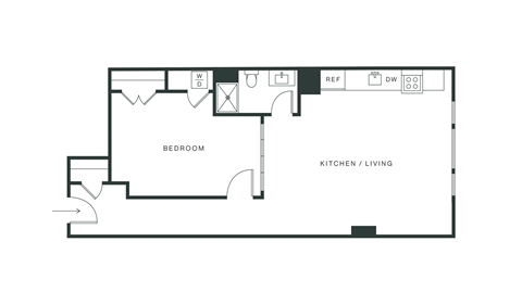 Floor plan for 1 bed, 1 bath, 727 sqft