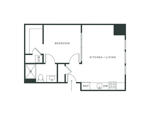 Floor plan for 1 bed, 1 bath, 537 sqft