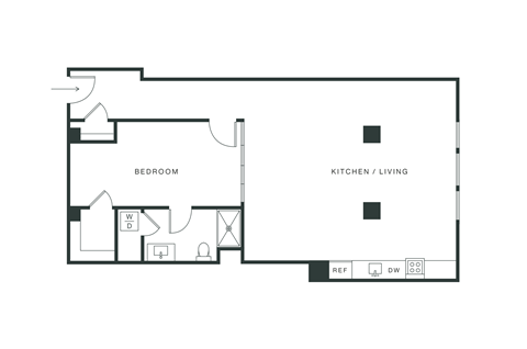 Floor plan for 1 bed, 1 bath, 859 sqft