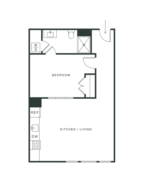 Floor plan for 1 bed, 1 bath, 585 sqft