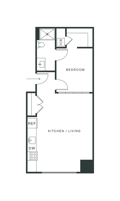 Floor plan for 1 bed, 1 bath, 671 sqft