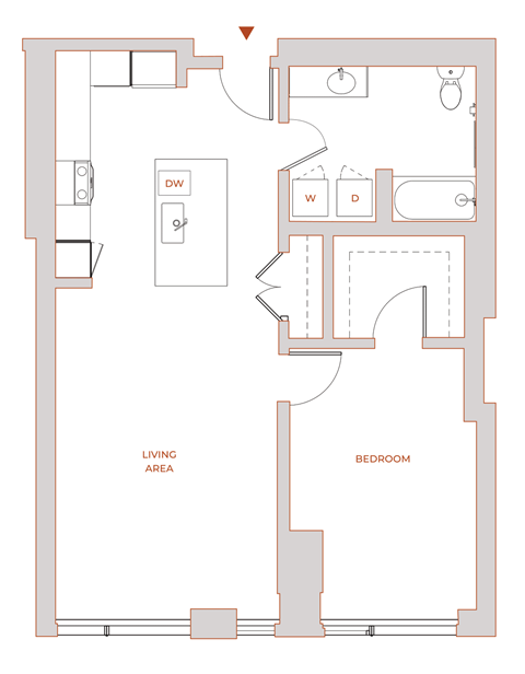 Floor plan for 1 bed, 1 bath, 842 sqft