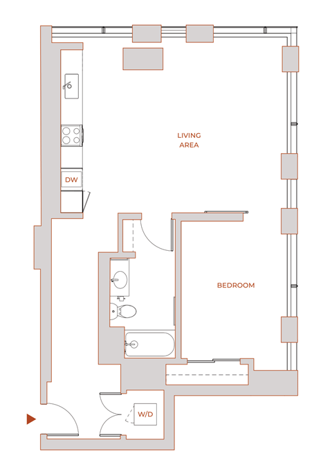Floor plan for 1 bed, 1 bath, 810 sqft