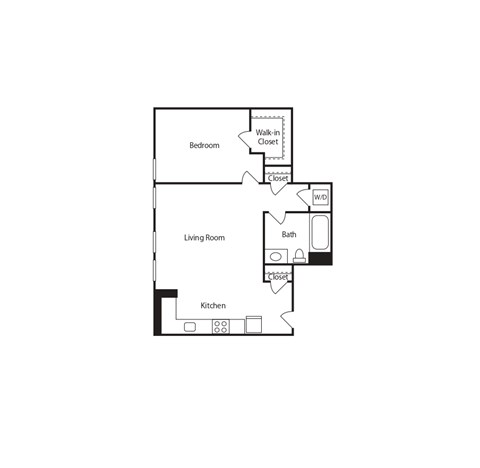 Floor plan for 1 bed, 1 bath, 670 sqft