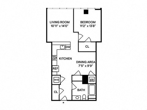 Floor plan for 1 bed, 1 bath, 842 sqft