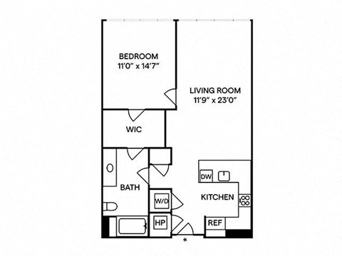 Floor plan for 1 bed, 1 bath, 746 sqft