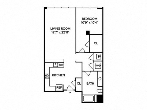 Floor plan for 1 bed, 1 bath, 923 sqft