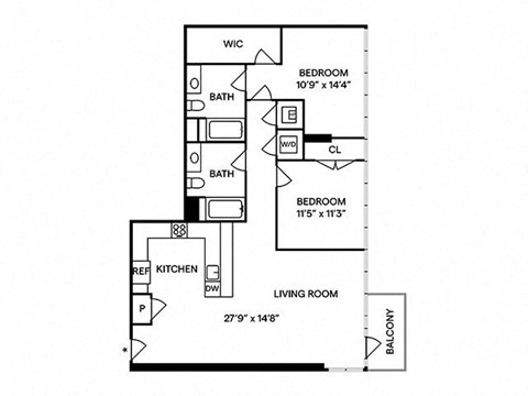 Floor plan for 2 beds, 2 baths, 1263 sqft