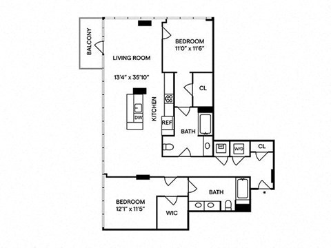 Floor plan for 2 beds, 2 baths, 1434 sqft