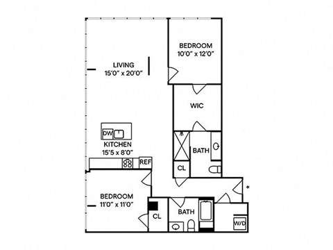 Floor plan for 2 beds, 2 baths, 1462 sqft