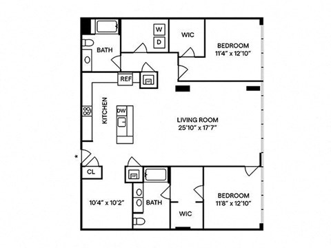 Floor plan for 2 beds, 2 baths, 1747 sqft
