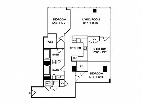 Floor plan for 3 beds, 2 baths, 1407 sqft