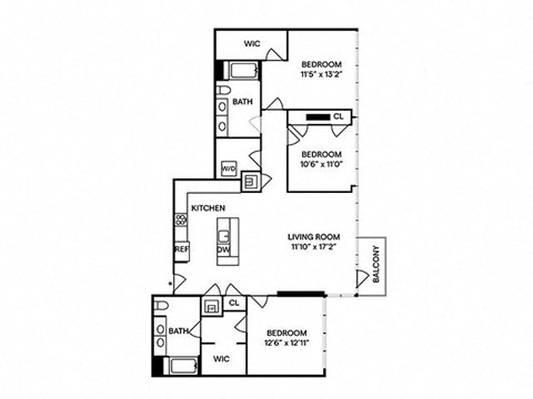 Floor plan for 3 beds, 2 baths, 1676 sqft