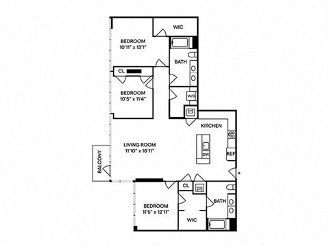 Floor plan for 3 beds, 2 baths, 1732 sqft