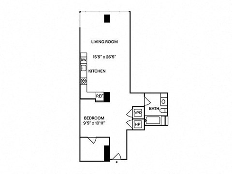Floor plan for studio, 1 bath, 900 sqft
