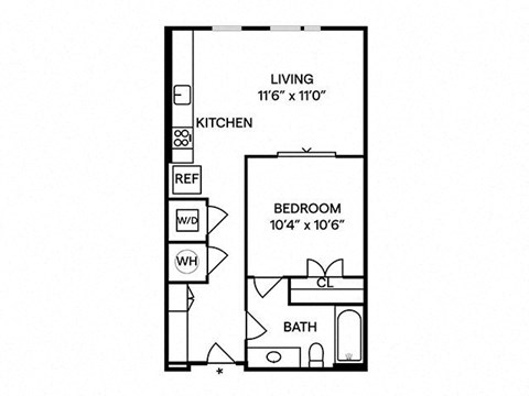 Floor plan for 1 bed, 1 bath, 558 sqft