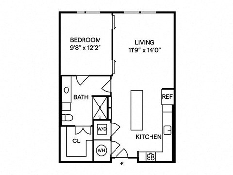 Floor plan for 1 bed, 1 bath, 690 sqft
