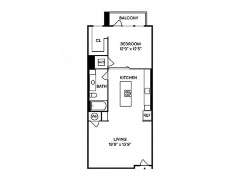 Floor plan for 1 bed, 1 bath, 835 sqft