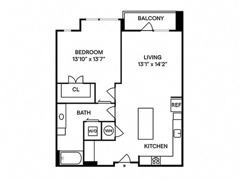 Floor plan for 1 bed, 1 bath, 862 sqft