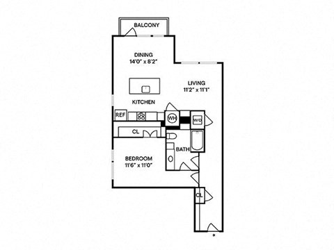 Floor plan for 1 bed, 1 bath, 940 sqft
