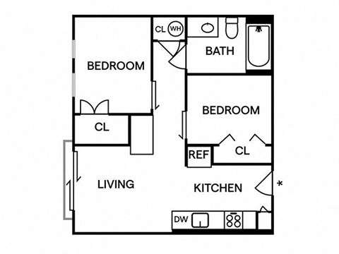 Floor plan for 2 beds, 1 bath, 564 sqft