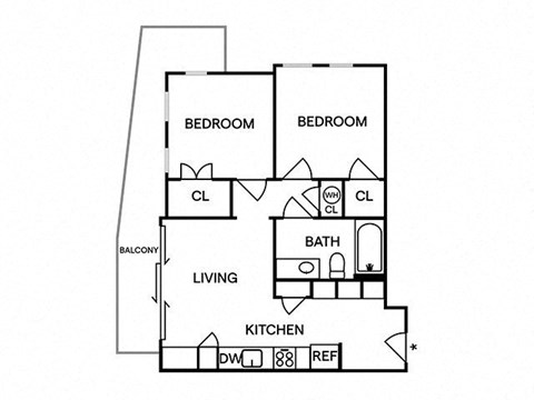 Floor plan for 2 beds, 1 bath, 598 sqft