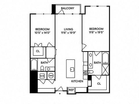 Floor plan for 2 beds, 2 baths, 1166 sqft
