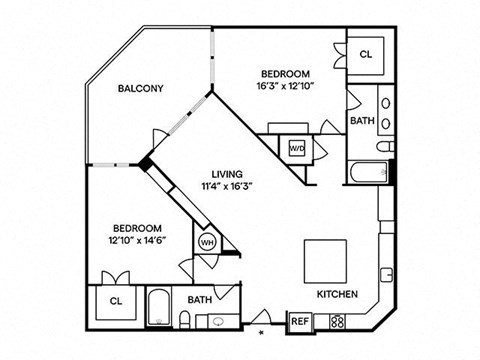 Floor plan for 2 beds, 2 baths, 1233 sqft