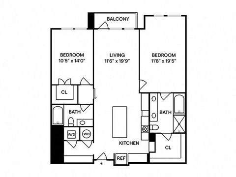 Floor plan for 2 beds, 2 baths, 1231 sqft
