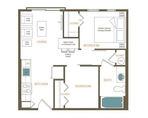 Floor plan for 2 beds, 1 bath, 525 sqft