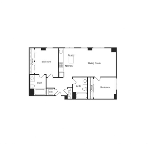 Floor plan for 2 beds, 2 baths, 889 sqft