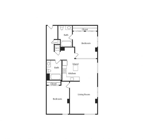 Floor plan for 2 beds, 2 baths, 1001 sqft