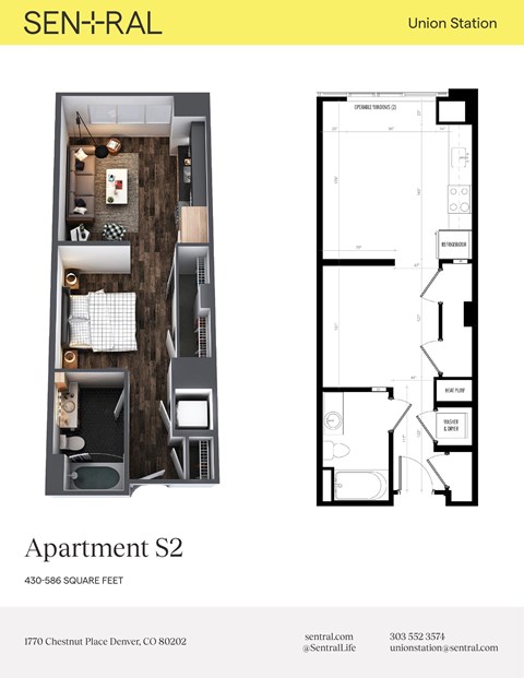 Floor plan for studio, 1 bath, 586 sqft