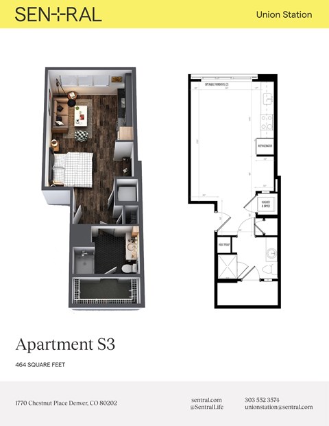 Floor plan for studio, 1 bath, 464 sqft