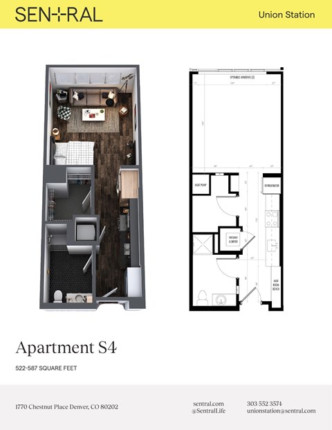 Floor plan for studio, 1 bath, 587 sqft