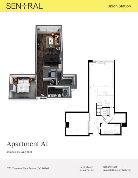 Floor plan for 1 bed, 1 bath, 590 sqft