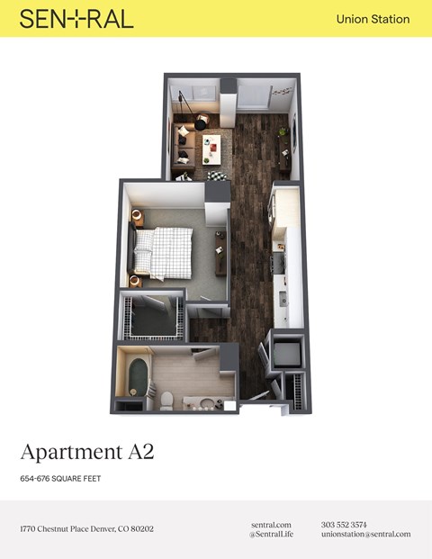 Floor plan for 1 bed, 1 bath, 654 sqft